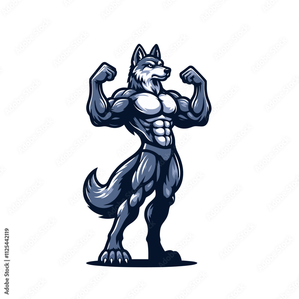 A fierce muscular wolf standing tall with arms flexed, ideal for gym logos, fitness branding, or wilderness-themed illustrations. Isolated vector illustration in a modern and bold style. A fierce muscular wolf standing tall with arms flexed, ideal for gym logos, fitness branding, or wilderness-themed illustrations. Isolated vector illustration in a modern and bold style.