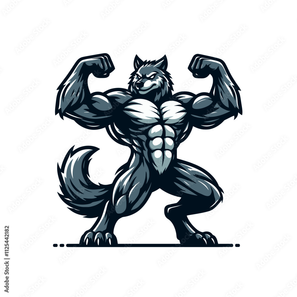 A muscular wolf standing in a powerful pose, ideal for fitness logos, gym branding, or outdoor adventure themes. Isolated vector illustration in a bold style A muscular wolf standing in a powerful pose, ideal for fitness logos, gym branding, or outdoor adventure themes. Isolated vector illustration in a bold style