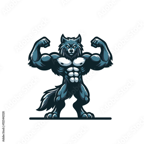 Wallpaper Mural A powerful muscular wolf flexing arms in a strong pose, ideal for fitness logos, gym branding, or outdoor adventure themes. Isolated vector illustration in bold style. Torontodigital.ca