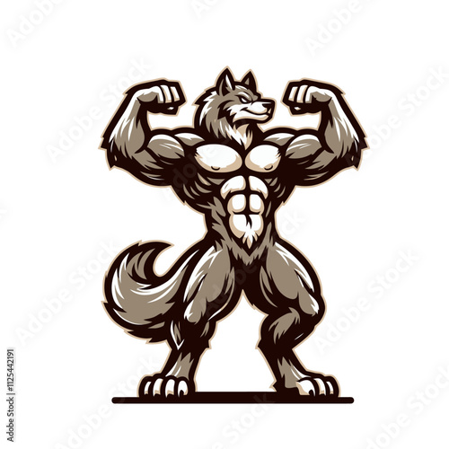 A powerful muscular wolf flexing arms in a confident stance, ideal for fitness logos, gym branding, or wilderness-themed designs. Isolated vector illustration in earthy tones. photo