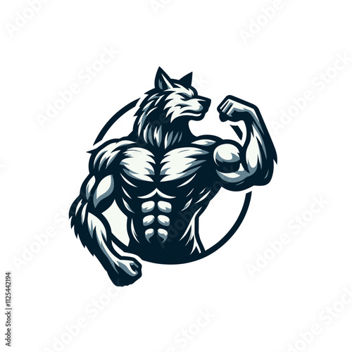 A muscular wolf flexing one arm in a bold and confident pose, perfect for gym logos, fitness branding, or adventure-themed designs. Isolated vector illustration in a modern style. photo