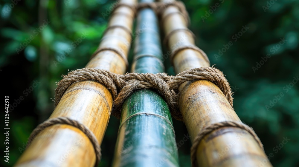 Bamboo Structure Tied with Rope in Lush Green Environment Bamboo Structure Tied with Rope in Lush Green Environment
