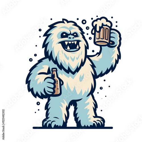 A playful yeti holding a frothy beer mug in one hand and a beer bottle in the other, perfect for bar branding, party designs, or winter-themed illustrations. Isolated vector illustration on a white ba