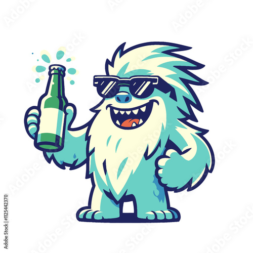 A cool yeti in sunglasses holding a beer bottle, perfect for modern bar branding, winter-themed party designs, or festive illustrations. Isolated vector illustration on a white background.
