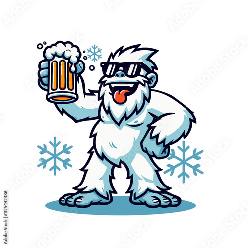 A cheerful yeti with sunglasses holding a frothy beer mug, surrounded by snowflakes, ideal for winter-themed designs, bar branding, or party concepts. Isolated vector illustration 