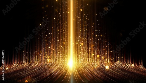 a golden line light with glitter glow abstract effect a golden vertical flare with neon beam sparkle and particle burst background laser string on black background shiny fiber data banner with