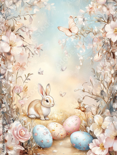 Easter bunny with pastel eggs surrounded by flowers and butterflies  