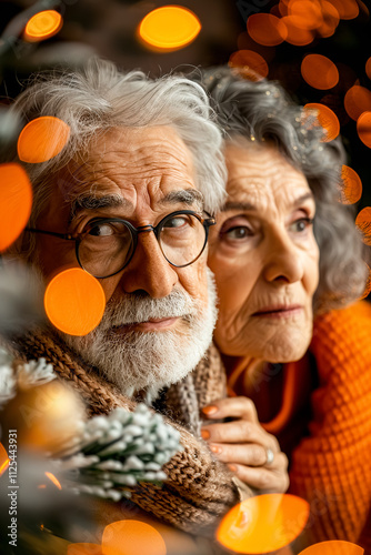 Portrait of a happy senior couple in front of christmas tree. Concept of holiday and mutual long-term love