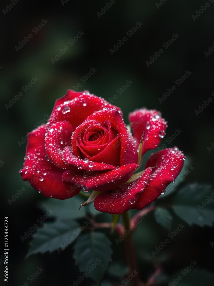 Vibrant red rose covered in fresh morning dew, perfect for Valentine's Day, flower Vibrant red rose covered in fresh morning dew, perfect for Valentine's Day, flower
