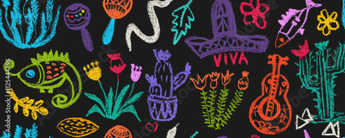 Vector seamless pattern with  Mexican  shapes . Ethnic border Aztec and Mayan. Mexican shapes, sign and symbol. Set of various elements drawn with charcoal pencil,  fish; cactus; sambrero; guitar; 