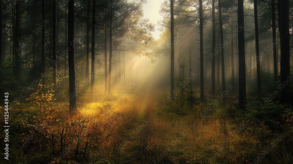 Sunbeams pierce misty autumn forest path. Sunbeams pierce misty autumn forest path.