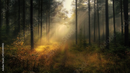 Sunbeams pierce misty autumn forest path.