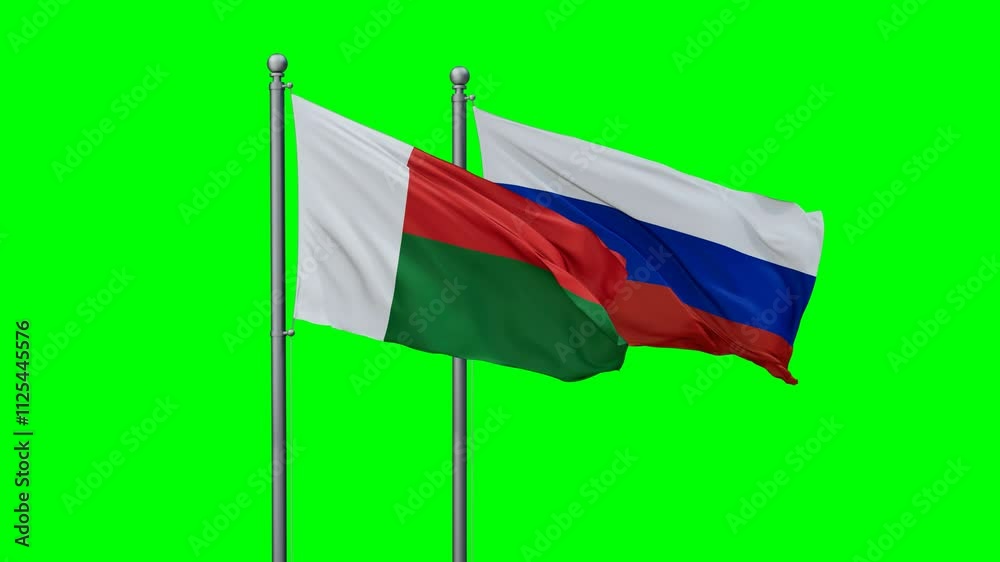 Russian Federation and Madagascar flags flying together, video concept of the relationship with colored chroma key for easy background remove Russian Federation and Madagascar flags flying together, video concept of the relationship with colored chroma key for easy background remove