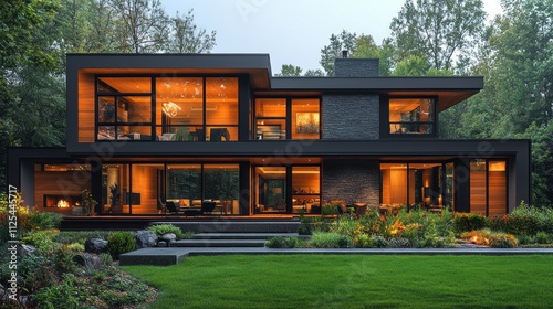 Stunning modern design of a minimalist home amidst lush greenery, warm lights illuminating its sleek lines during twilight hours