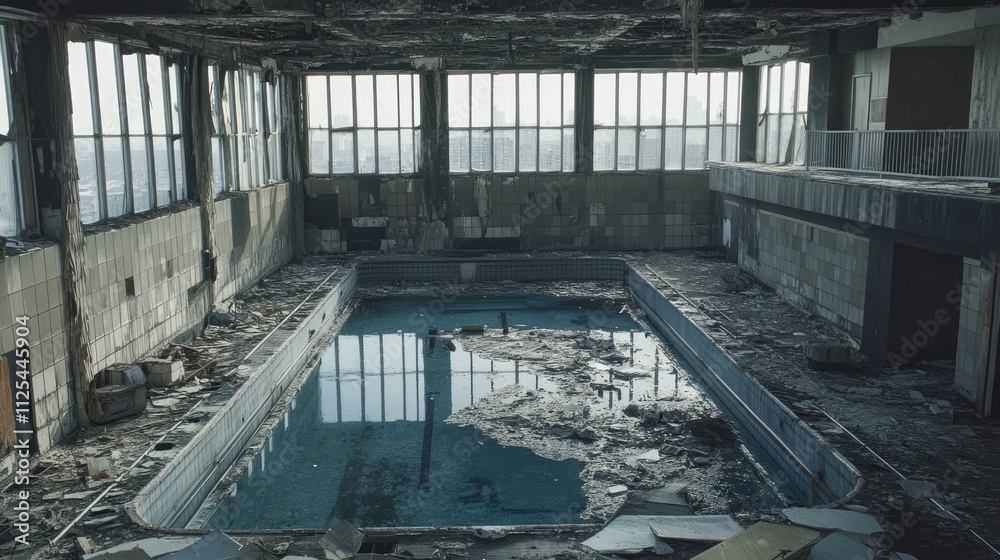 Fototapeta premium Abandoned Indoor Swimming Pool with Deteriorating Infrastructure