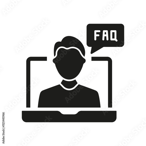 Man on Video Call with FAQ Bubble Silhouette Icon for Online Support and Communication. Video Conference, Virtual Support Services Glyph Symbol. Isolated Vector Illustration