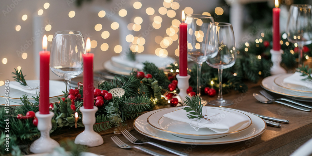 A photo of a festive Christmas table setting with elegant decorations, candles, and holiday-themed details, creating a warm and inviting atmosphere for celebrations.
A photo of a festive Christmas table setting with elegant decorations, candles, and holiday-themed details, creating a warm and inviting atmosphere for celebrations.