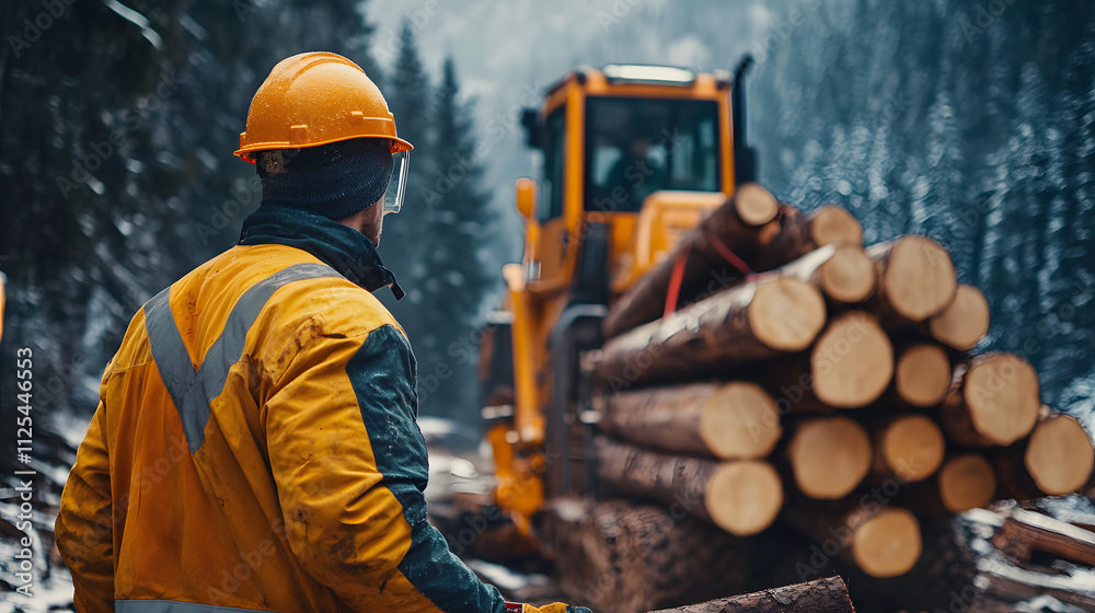 A forestry worker guiding a log loader to stack heavy timber in a mountain logging area. A forestry worker guiding a log loader to stack heavy timber in a mountain logging area.