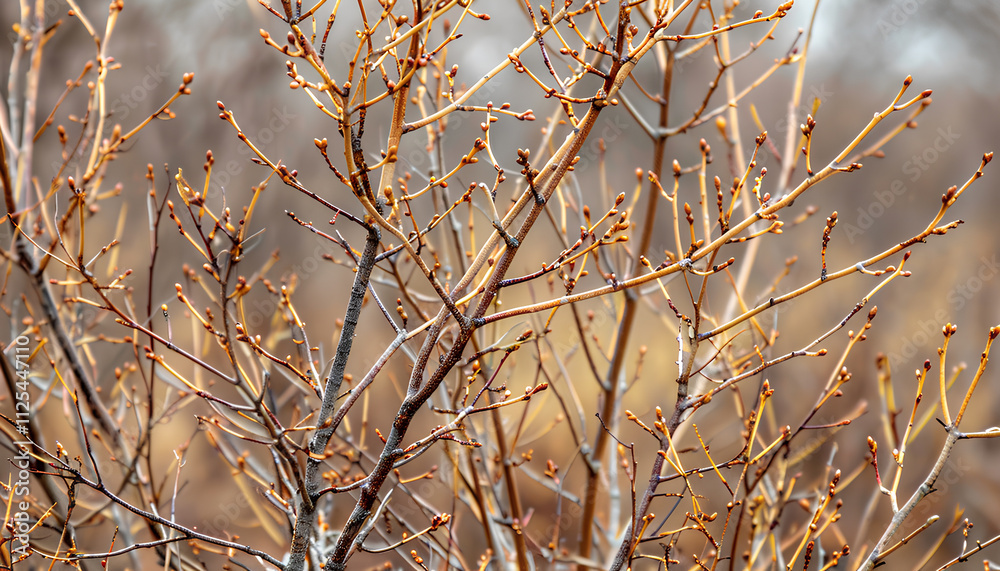 Closeup view of bush with bare twigs outdoors Closeup view of bush with bare twigs outdoors