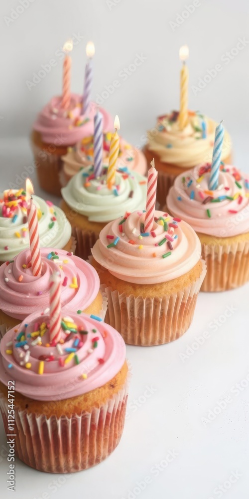 Colorful cupcakes with sprinkles and candles on top, celebration Colorful cupcakes with sprinkles and candles on top, celebration