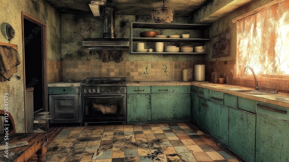 Abandoned and Dirty Kitchen with Rusty Appliances and Stained Walls Abandoned and Dirty Kitchen with Rusty Appliances and Stained Walls