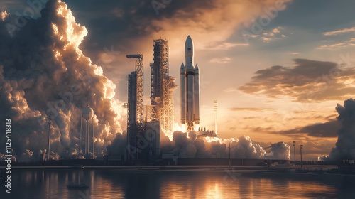 A futuristic heavy-lift rocket launching from a high-tech spaceport surrounded by advanced infrastructure.