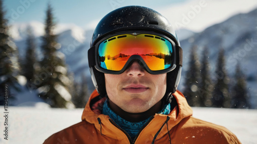 Primer plano retrato de Snowboarder con coloridas gafas de nieve
