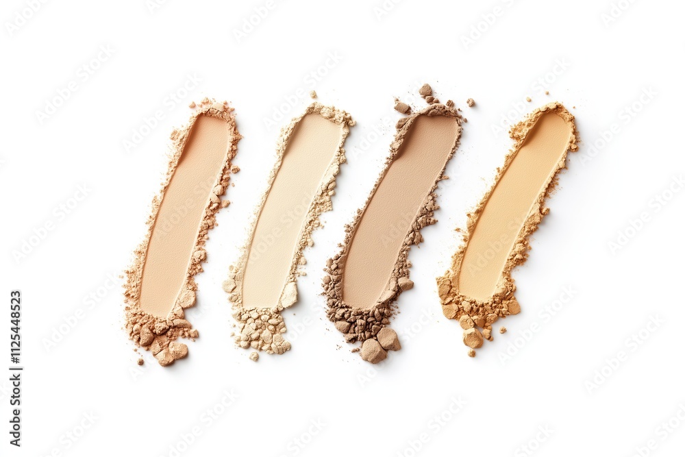 Samples of various beige face powders on a white background, top view Samples of various beige face powders on a white background, top view