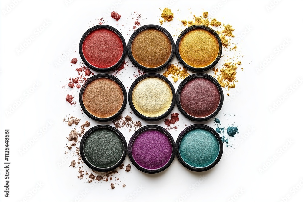 Jars of colorful makeup eyeshadows, top view, isolated on a white background Jars of colorful makeup eyeshadows, top view, isolated on a white background