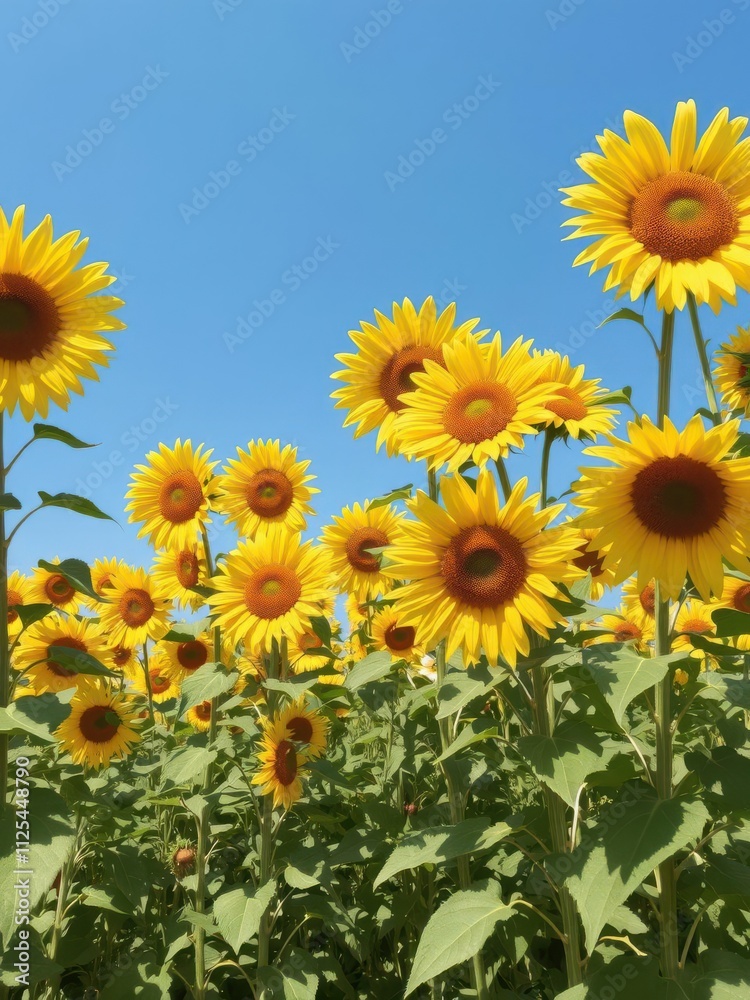 Field of bright yellow sunflowers stretching towards a clear blue sky, creating a stunning and cheerful scene, plants Field of bright yellow sunflowers stretching towards a clear blue sky, creating a stunning and cheerful scene, plants