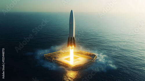 Tapety artystyczne A futuristic reusable rocket landing back on Earth its engines firing as it descends onto a sea platform.