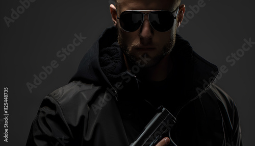 Dangerous criminal with gun on black background. Armed robbery photo