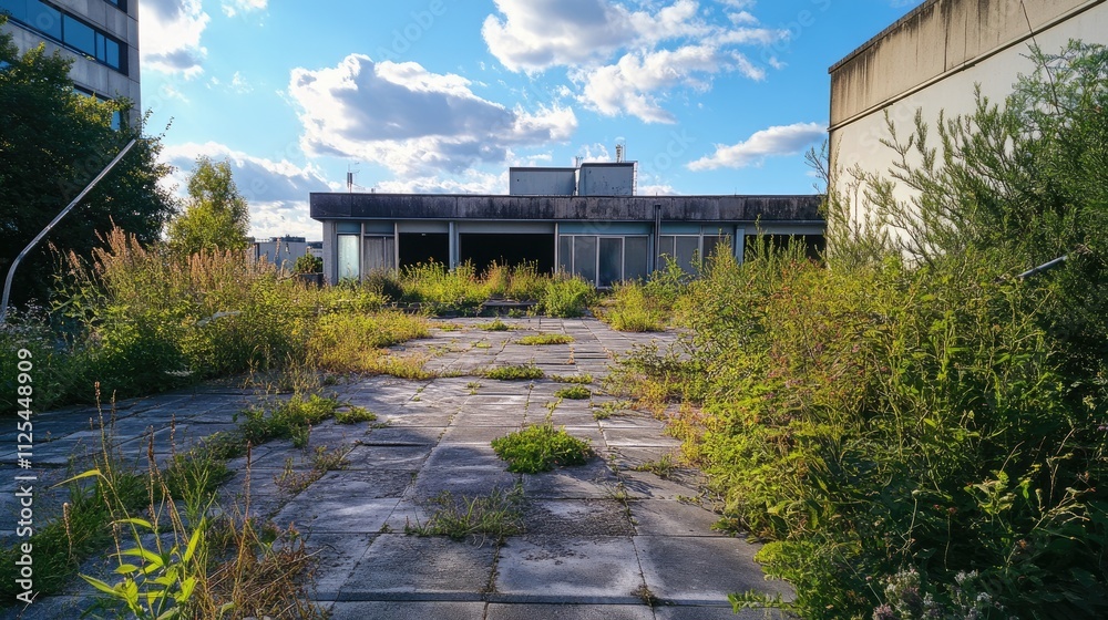custom made wallpaper toronto digitalOvergrown Rooftop with Abandoned Building Under Blue Sky