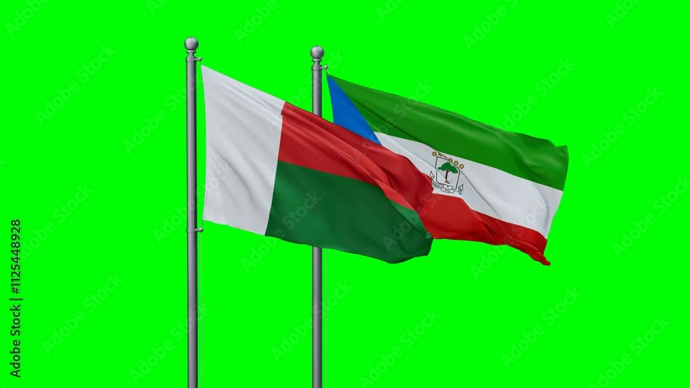 Equatorial Guinea and Madagascar flags flying together, video concept of the relationship with colored chroma key for easy background remove Equatorial Guinea and Madagascar flags flying together, video concept of the relationship with colored chroma key for easy background remove