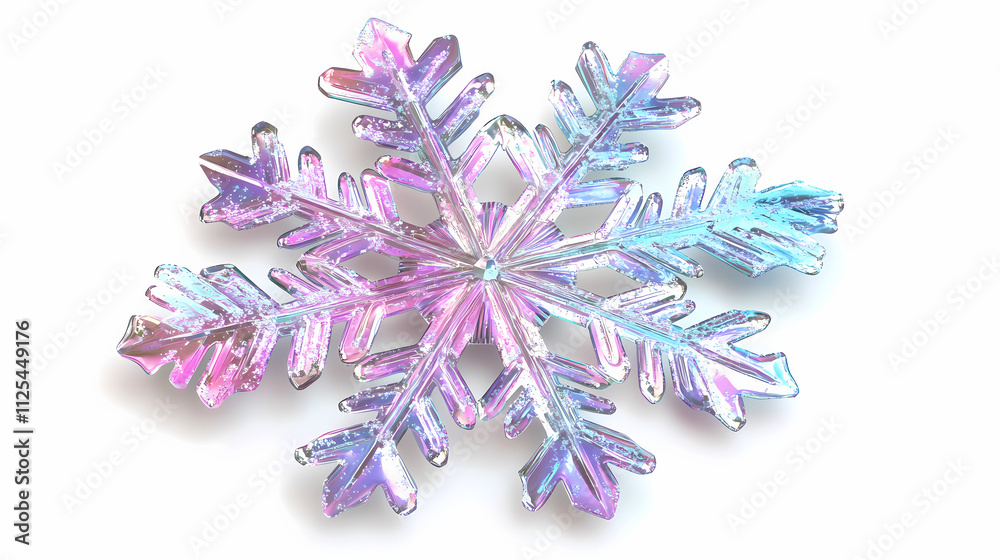 3d plastic holographic snowflake. realistic 3d element of shimmering metallic snowflake isolated on white background. Frosted. Illustration