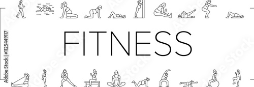 pregnant fitness icons set vector. exercise yoga, strength flexibility, wellness health, balance stamina, nutrition pregnant fitness black contour illustrations