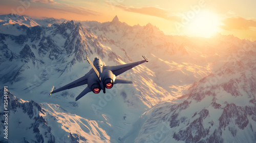 A fighter jet soaring above a snowy mountain range with sunlight reflecting on its wings.