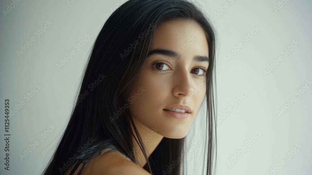 Fototapeta premium Woman with long black hair and a black tank top