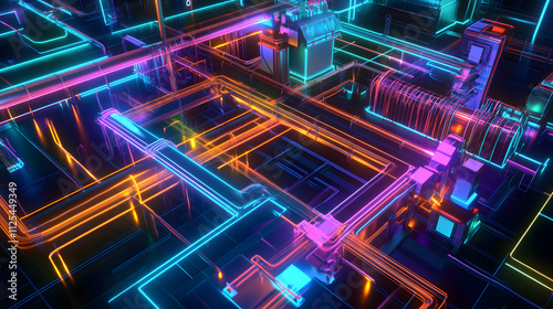 A futuristic schematic showing an advanced smart grid electrical distribution system.