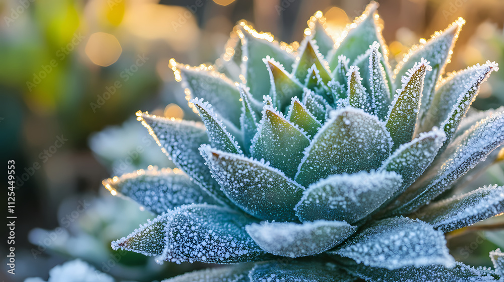 close-up of frost crystals on a plant with a blurred, snowy background. Frosted. Illustration close-up of frost crystals on a plant with a blurred, snowy background. Frosted. Illustration