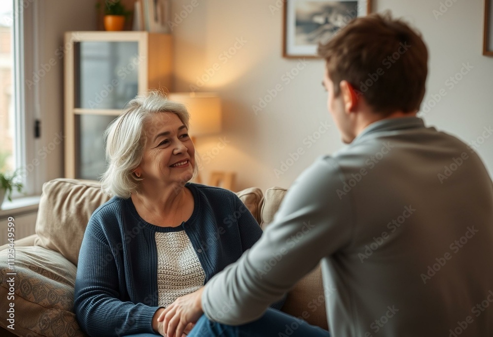 Two people engaged in a conversation in a warm and inviting living room setting. Two people engaged in a conversation in a warm and inviting living room setting.
