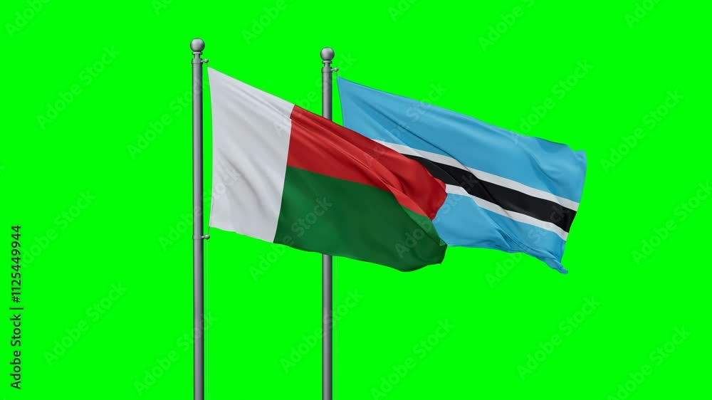 Botswana and Madagascar flags flying together, video concept of the relationship with colored chroma key for easy background remove Botswana and Madagascar flags flying together, video concept of the relationship with colored chroma key for easy background remove