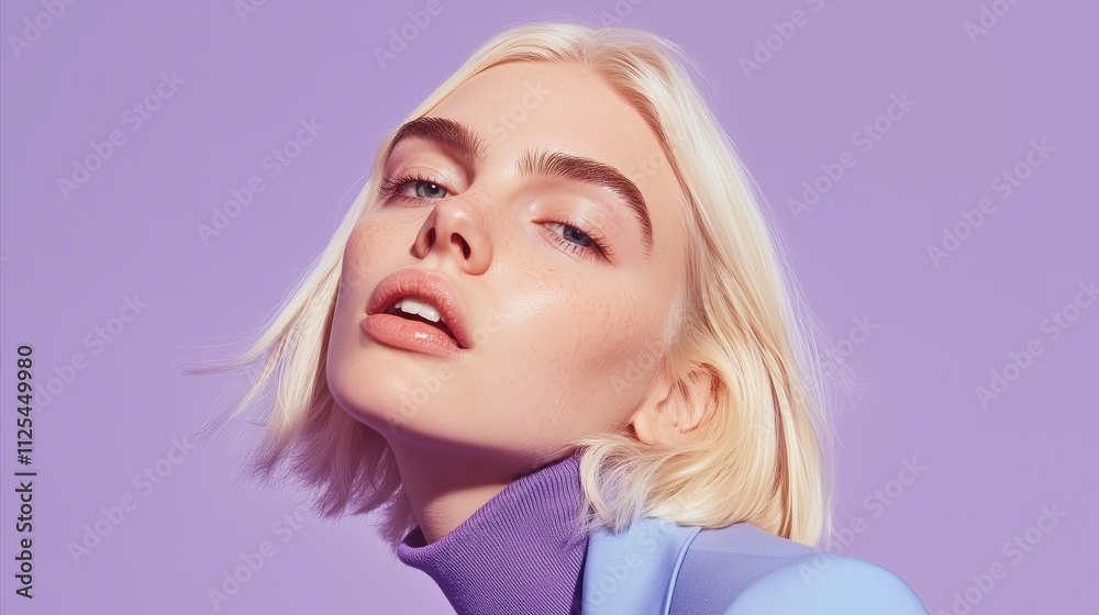 Blonde woman with a purple sweater and a purple background Blonde woman with a purple sweater and a purple background
