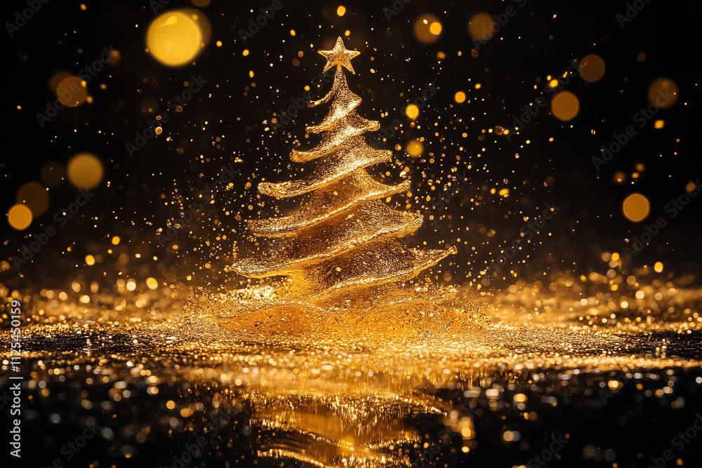 Naklejka premium Golden champagne splashes form a sparkling Christmas tree, embodying holiday cheer and celebration