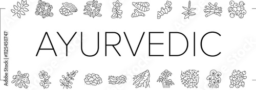 ayurvedic herbs medicine health icons set vector. nature ayurveda, mortar neem, basil, science plant, leaf, organic spices, care, cure ayurvedic herbs medicine health black contour illustrations