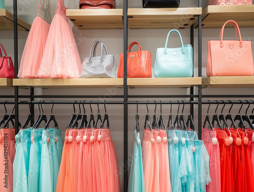 Kaufhaus mit bunten Taschen und Kleidern in freundlichem Licht

 photo