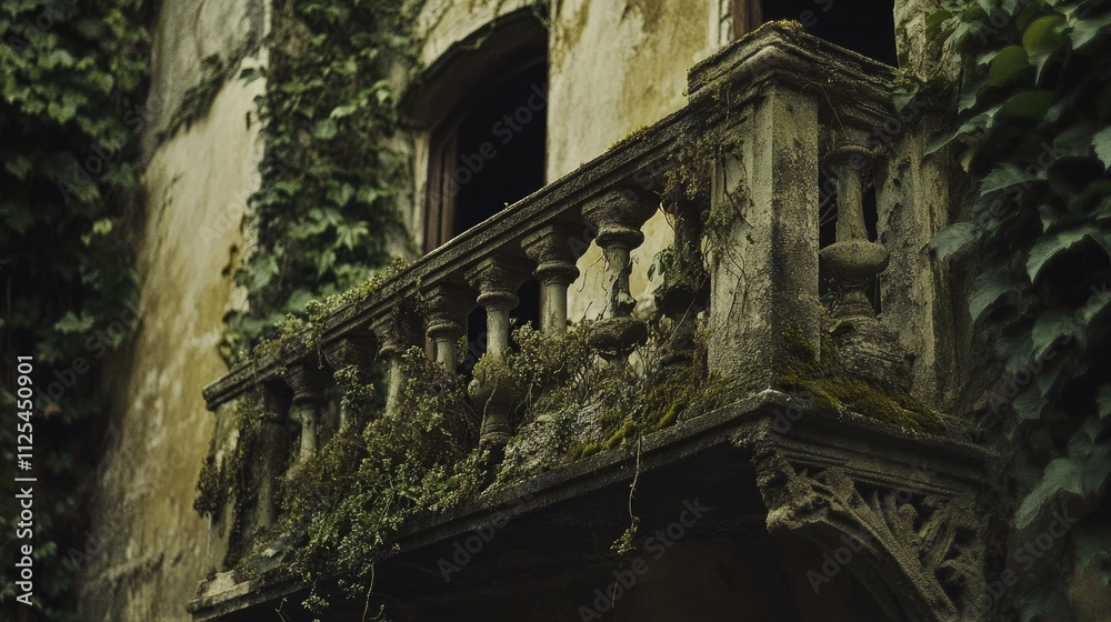 Obraz premium Abandoned Balcony Overgrown with Ivy in an Old Derelict Building