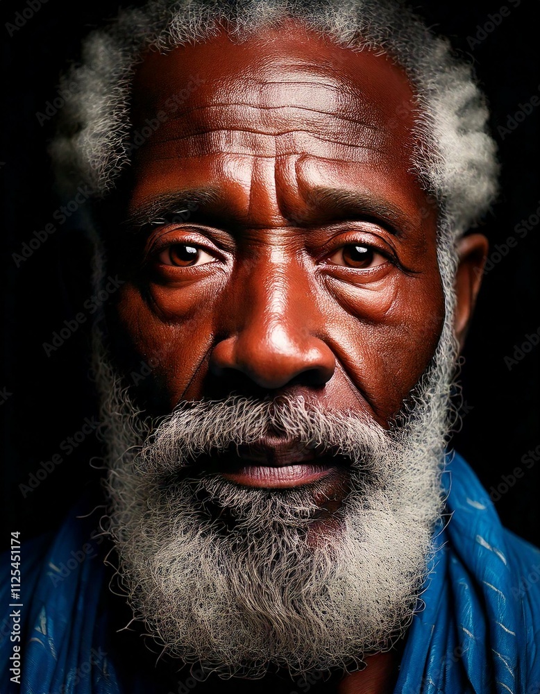 close-up of an old black man's face with white hair and beard