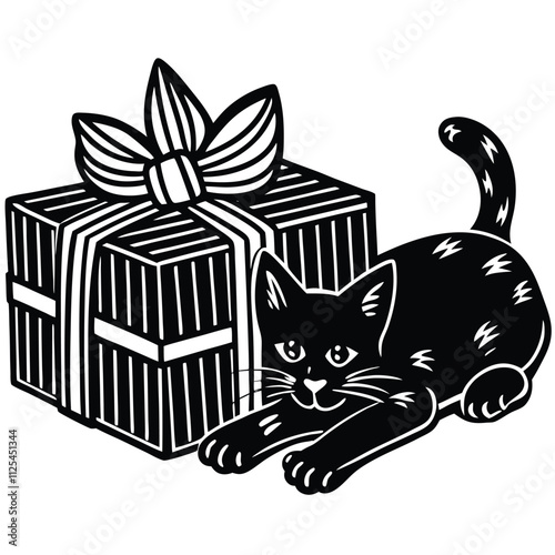Christmas Parcel and a cute cat on her side, vector silhouette Isolated On White Background
