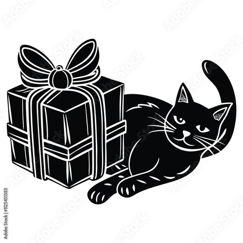 Christmas Parcel and a cute cat on her side, vector silhouette Isolated On White Background